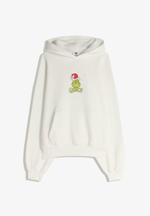 Witte hoodie met een voorste kangoeroezak, voorzien van een kleurrijke Grinch graphic en tekst, relaxte pasvorm en ribgebreide mouwen.