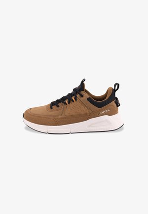 Brown suede and mesh sneaker with black accents, round toe, sturdy white midsole, and textured sides featuring perforations and heel tab.