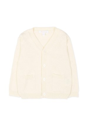 Kremowy kardigan dzianinowy z długimi rękawami, dekoltem w kształcie litery V, czterema guzikami z przodu i dwoma przednimi kieszeniami, rozłożony na białym tle.