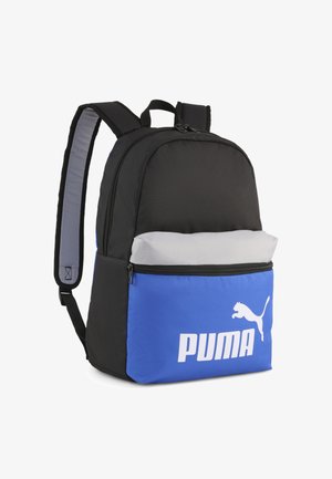 Black and blue backpack with a gray top, featuring a front zipper pocket and white Puma logo, made of durable fabric.