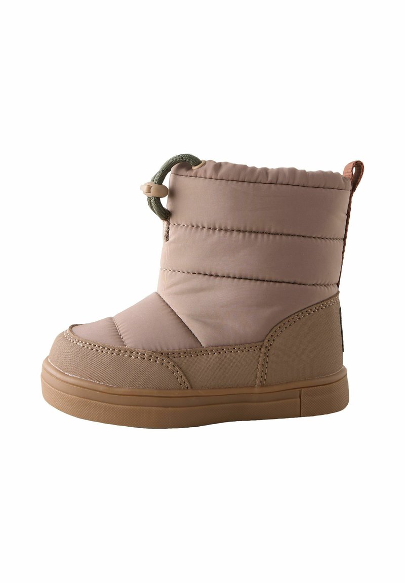 Gepolsterter beiger Stiefel mit runder Zehenpartie, grünem Zugband, beiger Gummisohle und gestepptem Obermaterial zur Isolierung.