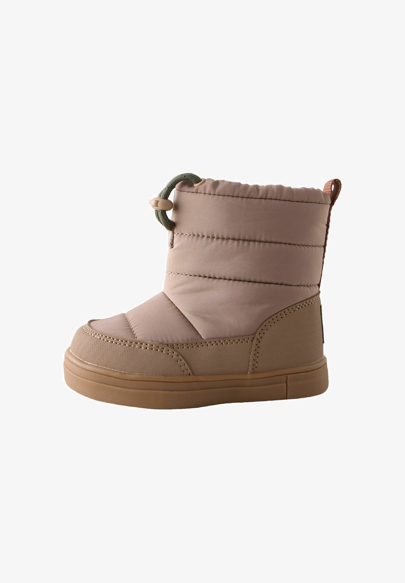 Padded beige boot with a rounded toe, green drawstring, tan rubber sole, and quilted texture on the upper for insulation.