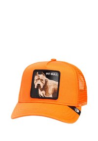 Orange Kappe mit einem Netzrücken, die auf der Vorderseite ein quadratisches gesticktes Patch eines Pitbulls zeigt, mit schwarzem Rand und Text über dem Bild.