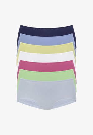 Siedem par damskich majtek w różnych kolorach: granatowym, jasnoniebieskim, żółtym, białym, różowym, zielonym i jasnoszarym. Miękka tkanina z gładkimi brzegami.