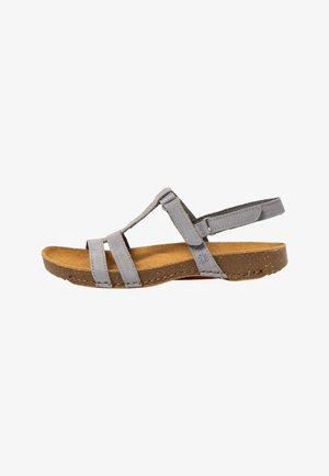 Gray leather open-toe sandal with three straps, adjustable ankle strap, and brown cork sole.