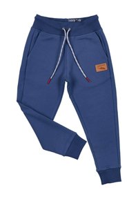 Blaue Jogginghose aus weichem Stoff mit einem gerippten Bund, verstellbarem Kordelzug und seitlichen Taschen; verfügt über ein braunes Logo-Patch.