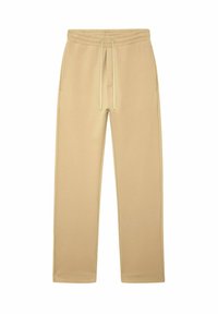 Pantalons de survêtement beige à cordon de serrage avec taille élastique et poches latérales, design à jambes droites, posés à plat sur un fond blanc.