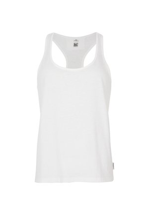 Un débardeur blanc en tissu doux, avec un col rond, un dos nageur et un ourlet droit. Style minimaliste sans motifs.