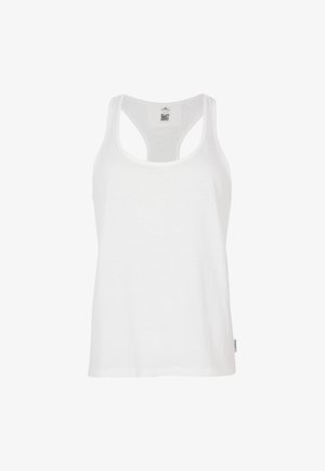 Un débardeur blanc en tissu doux, avec un col rond, un dos nageur et un ourlet droit. Style minimaliste sans motifs.