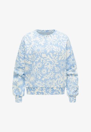 Jasnoniebieska bluza z białym wzorem kwiatowym i promieni słonecznych, okrągły dekolt, długie bufiaste rękawy oraz ściągacze na mankietach i dole.