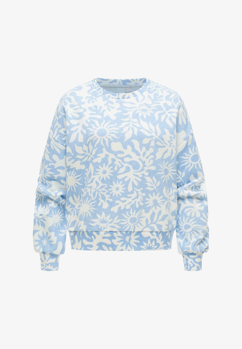 Lichtblauwe trui met wit bloem- en zonnestraalpatroon, ronde hals, lange pofmouwen en geribde boorden en zoom.