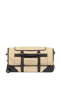 Beige Rolltasche mit schwarzen Akzenten, ausgestattet mit mehreren Riemen, Reißverschlüssen und einer glatten Stoffoberfläche. Logo auf der Vorderseite sichtbar.