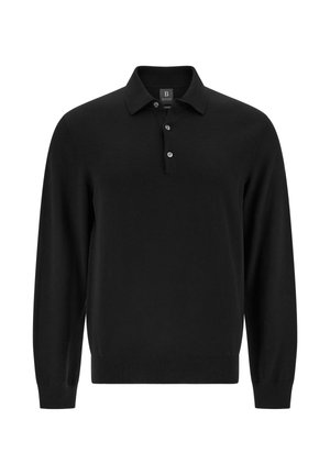 Schwarzes Langarm-Polo-Shirt aus glattem Stoff mit einem kragenförmigen Hals, einer dreiknöpfigen Knopfleiste und gerippten Bündchen.