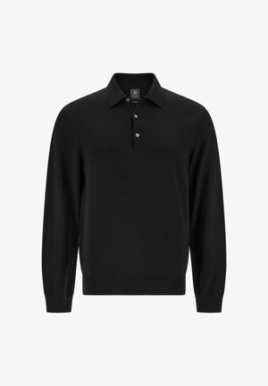 Polo-shirt noir à manches longues en tissu lisse, avec un col, un plastron à trois boutons et des poignets côtelés.