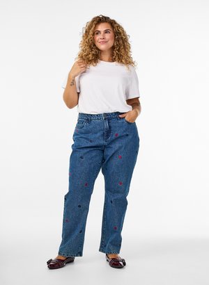 Zizzi, GEMMA MIT HOHER TAILLE UND AUFGESTICKTEN DETAILS - Straight leg jeans - db hearts