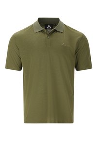 Olivgrön polo i textil med struktur, med en tvåknäppningsslå och en liten logotyp på vänster bröst. Kortärmad.