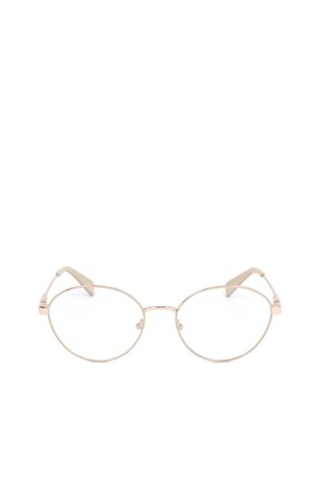 Sottili montature rotonde in metallo dorato con lenti trasparenti e terminali in plastica beige sulle aste su sfondo bianco.
