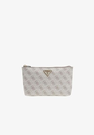 Pochette chiara in tessuto fantasia con un motivo logo ripetuto. Chiusura con zip e un emblema a triangolo dorato del marchio sulla parte anteriore.