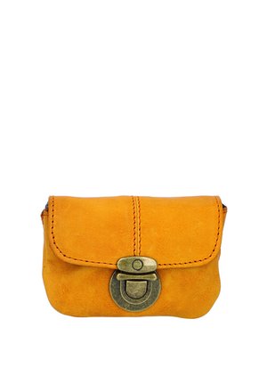 Small mustard yellow leather pouch with visible stitching and a brass-colored metal clasp closure in front.
