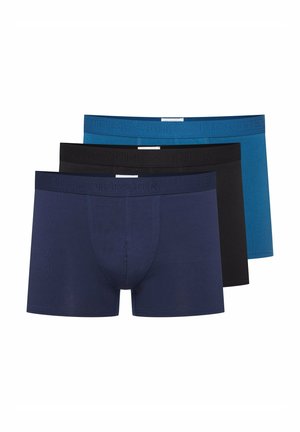 Three pairs of men's boxer shorts in dark navy, black, and teal. They feature elastic waistbands with embossed branding and a form-fitting design.