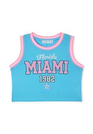 Top corto senza maniche in rete blu con bordo rosa e bianco, testo "Florida MIAMI 1982" e una piccola grafica a stella sotto i numeri.