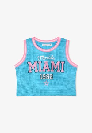 Top corto senza maniche in rete blu con bordo rosa e bianco, testo "Florida MIAMI 1982" e una piccola grafica a stella sotto i numeri.