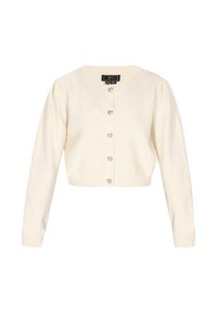 Tejanyagú, tejszínbírs színű kardigán, hosszú ujjakkal, kerek nyakkivágással és szív alakú gombokkal. Textúrált anyag, rövidített fazon.