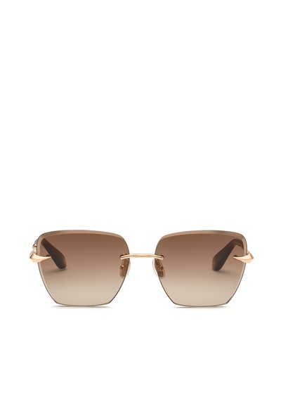 Lunettes de soleil sans monture avec verres carrés marron dégradé et pont ainsi que branches en métal doré.