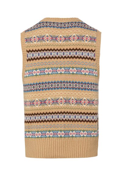 Veste sans manches en tricot beige avec des motifs jacquard colorés horizontaux et un ourlet côtelé.