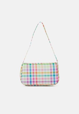 Petit sac à épaule rectangulaire avec motif à carreaux pastel multicolore et fine bandoulière assortie au design du sac.