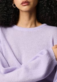 Violets krāsas džemperis ar apaļu kakla izgriezumu un garām piedurknēm, izgatavots no mīkstas, teksturētas adījuma un ar ribotām aprocēm.