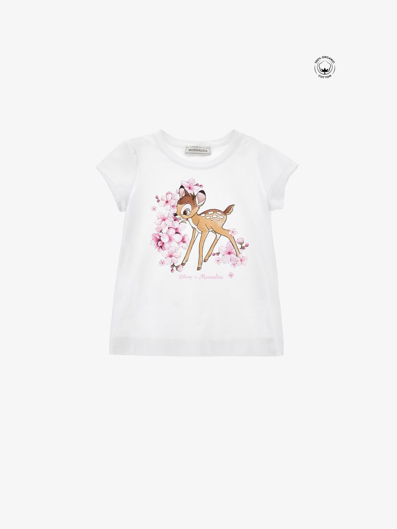 Λευκό οργανικό βαμβακερό μπλουζάκι κοντομάνικο με γραφικό ενός καφετί ελαφιού περιτριγυρισμένο από ροζ λουλούδια. Μαλακή και ομαλή υφή, χαλαρός σχεδιασμός.