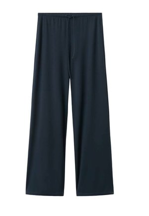 Weite, dunkelblaue Hosen aus glattem, leichtem Stoff mit elastischem Bund und Kordelzug für eine verstellbare Passform.