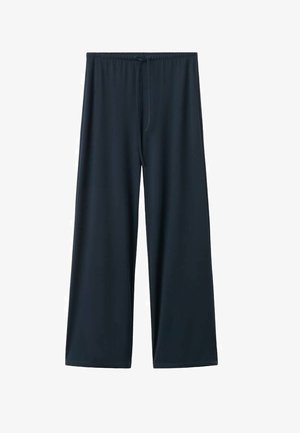 Pantaloni a gamba larga, di colore blu navy scuro, realizzati in tessuto liscio e leggero con una cintura elastica e coulisse per una vestibilità regolabile.