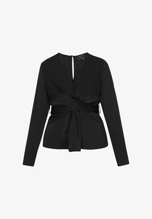 Zwarte wikkelblouse met lange mouwen, V-hals en gestrikte taille. Soepele stof met een matte afwerking. Achterkant met keyhole sluiting.