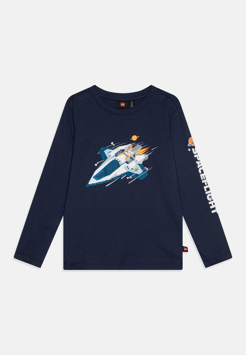 Marinblå långärmad skjorta i bomull, med en raketgrafik och texten "SPACEFLIGHT" tryckt på höger ärm i vitt.