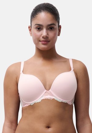 Hellrosa gepolsterter BH mit Spitzenbesatz, ausgestattet mit verstellbaren Trägern und einem glatten Finish. Unterbrustbügel-Design verbessert Form und Halt.