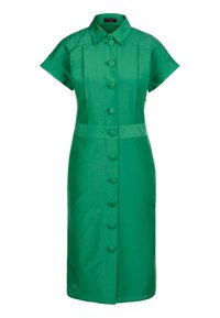 Grünes, kurzärmliges Hemdblusenkleid aus leichtem Stoff. Hat eine gerade Silhouette, eine vordere Knopfleiste und einen Kragen.
