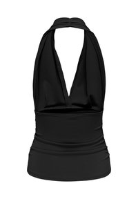 Haut noir à col halter avec un décolleté en V profond et un tissu froncé à la taille et à l'arrière du cou.