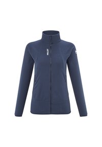 Navy blue fleece jacket with high collar, full front zipper, and two zippered side pockets. Features textured fabric and logo accents.