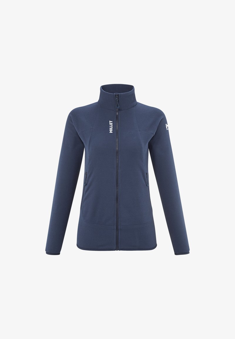 Navy blue fleece jacket with high collar, full front zipper, and two zippered side pockets. Features textured fabric and logo accents.