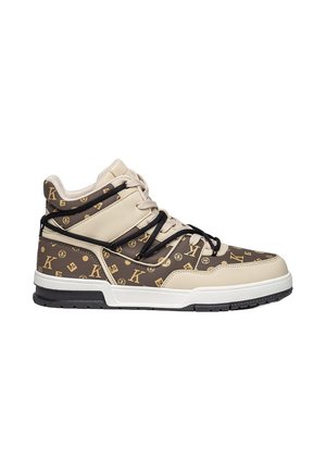 High-top sneaker featuring a brown and beige leather upper with gold logo patterns, black laces, and a white rubber sole. Textured finish.