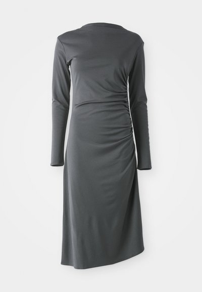 Long-sleeve dress in dark gray, made of smooth fabric. Features gathered side detail and an asymmetrical hemline.