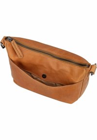 Borsa a tracolla in pelle marrone con chiusura con zip. Presenta una texture liscia, una tasca interna e un dettaglio con bottone a scatto per una maggiore sicurezza.