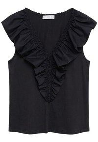 Haut noir sans manches avec un décolleté en V profond, orné de volants le long de l'encolure et fabriqué dans un tissu léger et fluide.