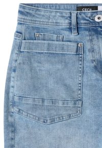 Light blue denim jeans with a large back pocket and a smaller coin pocket inside, featuring a metal button and belt loop.