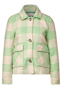 Giacca a quadri in crema e verde, con colletto, due tasche frontali e bottoni metallici. Realizzata in tessuto texture.