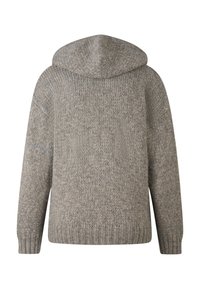 Grijze gebreide wollen hoodie met lange mouwen en geribbelde boorden en zoom, weergegeven vanaf de achterkant op een witte achtergrond.
