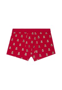 Red boxer shorts featuring a repetitive teddy bear pattern in brown and beige. Made from soft fabric with an elastic waistband.