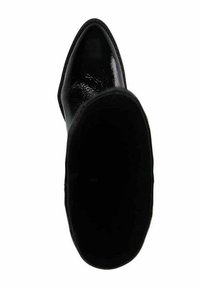 Black pointed-toe ankle boot, made of glossy leather with a smooth texture. The interior is dark, following the boot's sleek design.